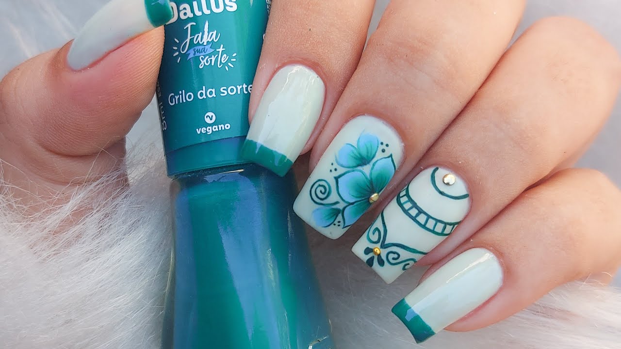 unhas decoradas - flor verde carga dupla - passo a passo