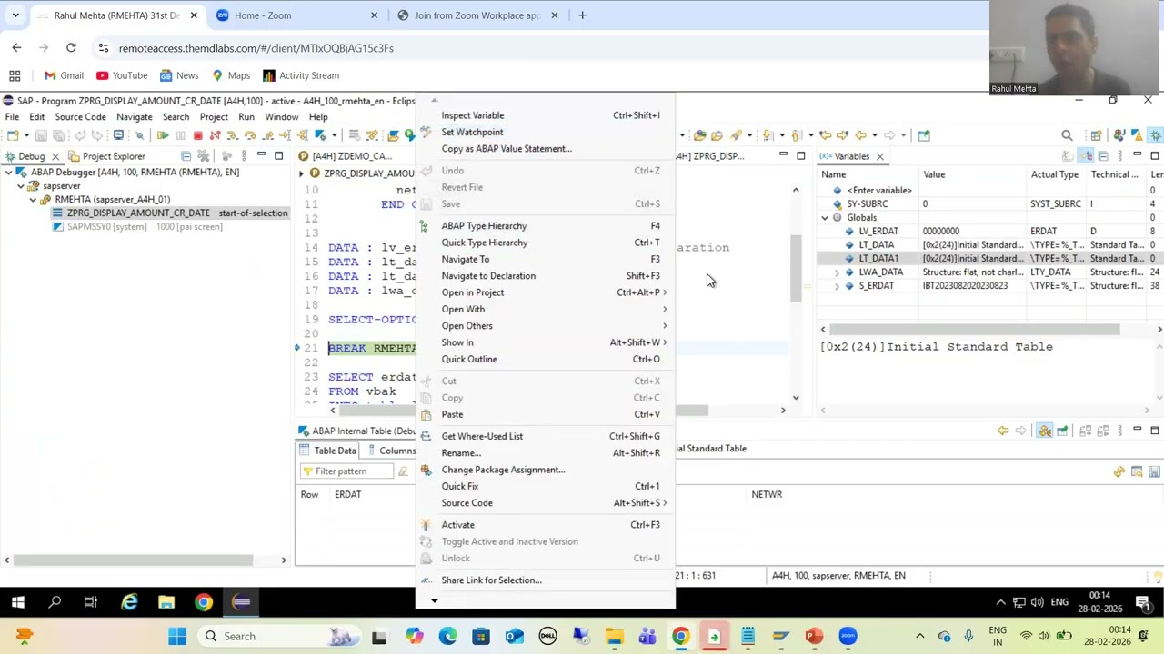 59 - ABAP на HANA - Редактор Eclipse - Отладка - Точки наблюдения