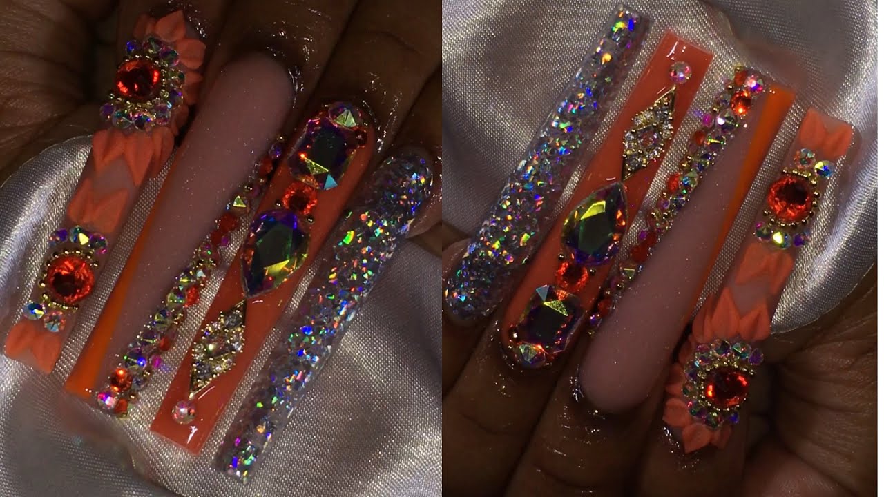 LUXURY ORANGE FREESTYLE NAILS ✨🧡| 3D FLOWERS | ACRYLIC NAIL TUTORIAL