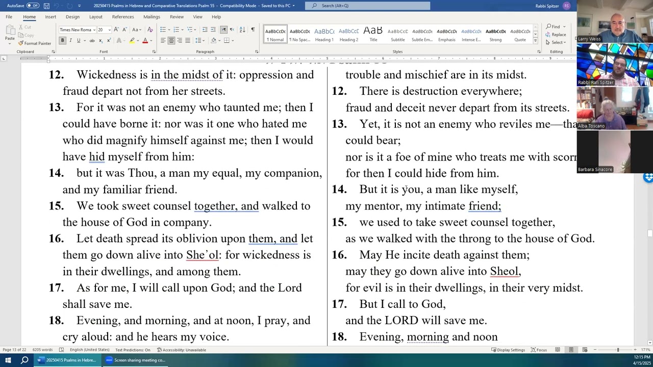 20250415 Psalms in Hebrew and Comparative Translations Psalm 55