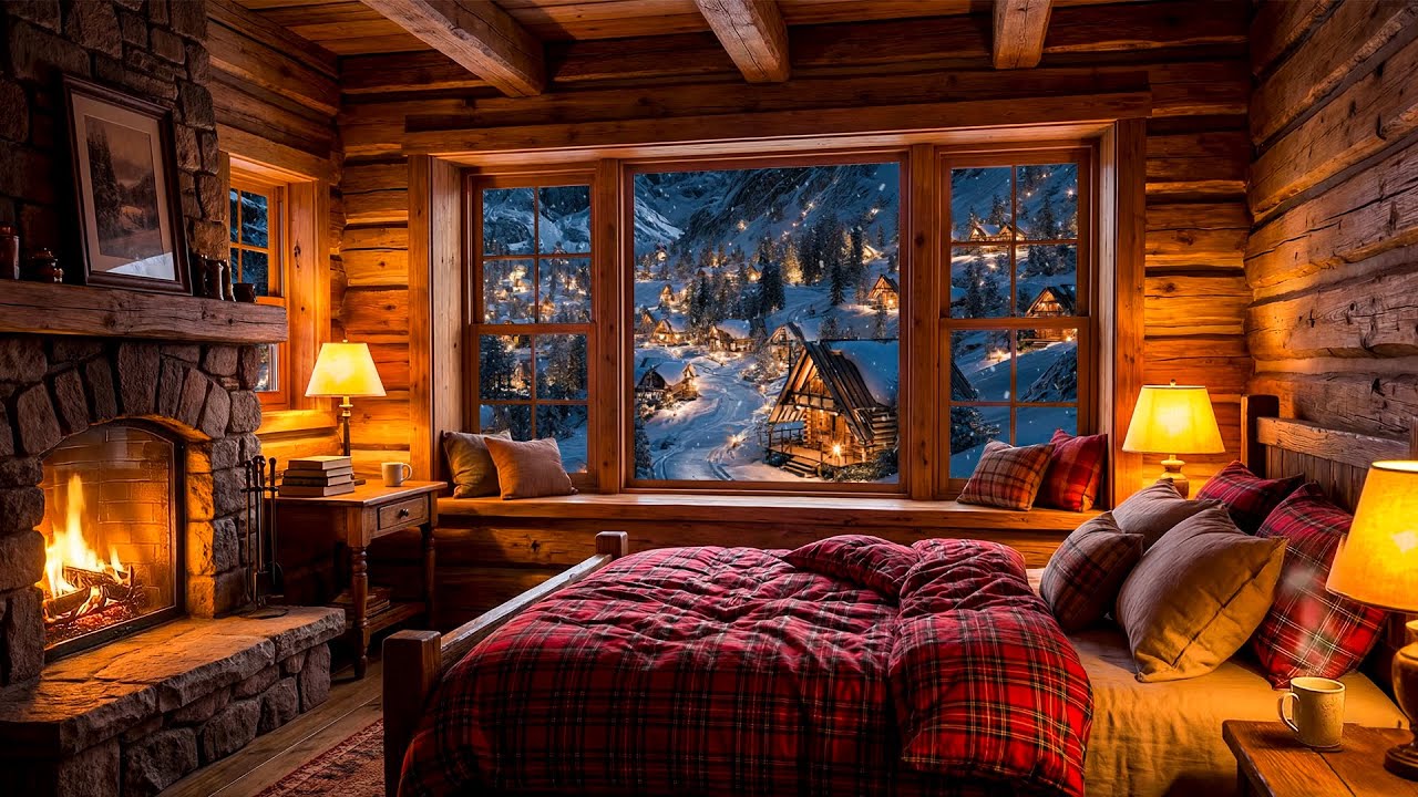 Cozy Winter Retreat: Fireplace Crackles and Snowfall for Ultimate Comfort ❄️🔥