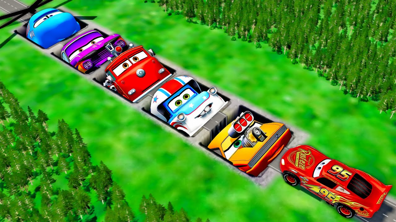 Mega Pits With McQueen & Friends Pixar Cars Vs Big & Small Lightning McQueen! BeamNG.Drive Battle!