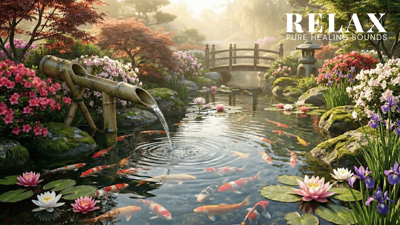 Zen Garden Meditation 🧘‍♀️ Healing Bridge & Bamboo Water Sounds for Mental Clarity