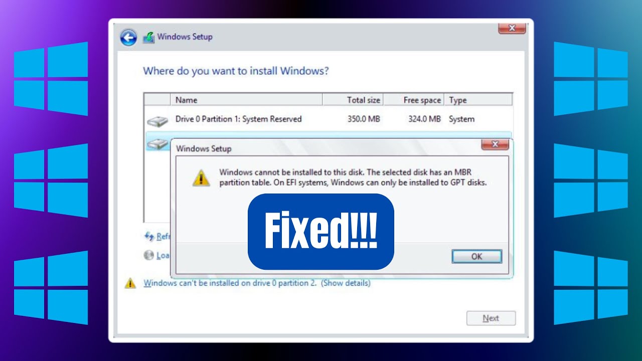 Windows cannot be installed to this disk. The selected disk has an MBR partition table (Fixed!)