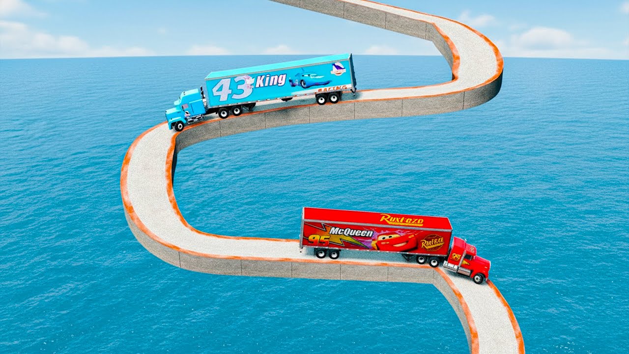 Mack truck vs Dinoco vs Impossible Log Wave Bridge Truck Car Rescue -Cars vs Deep Water-BeamNG.drive