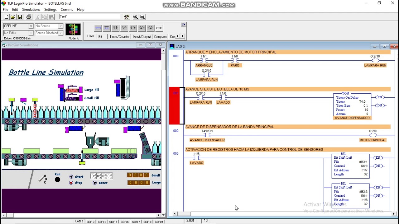 Ejercicio 1, Embotelladora, explicación del diagrama de escalera, simulacion PLC equipo 1