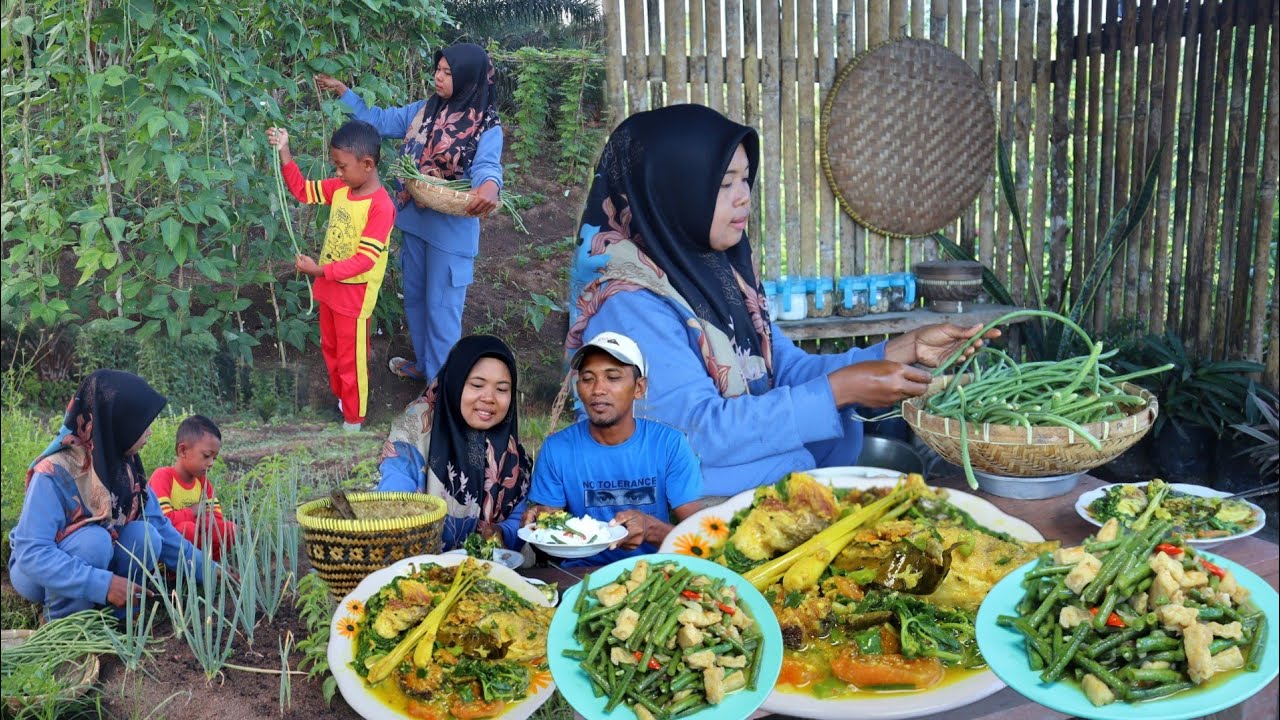 Masak ikan bandeng bumbu kemangi Lezat, tumis kacang tahu, panen sayuran, masakan desa