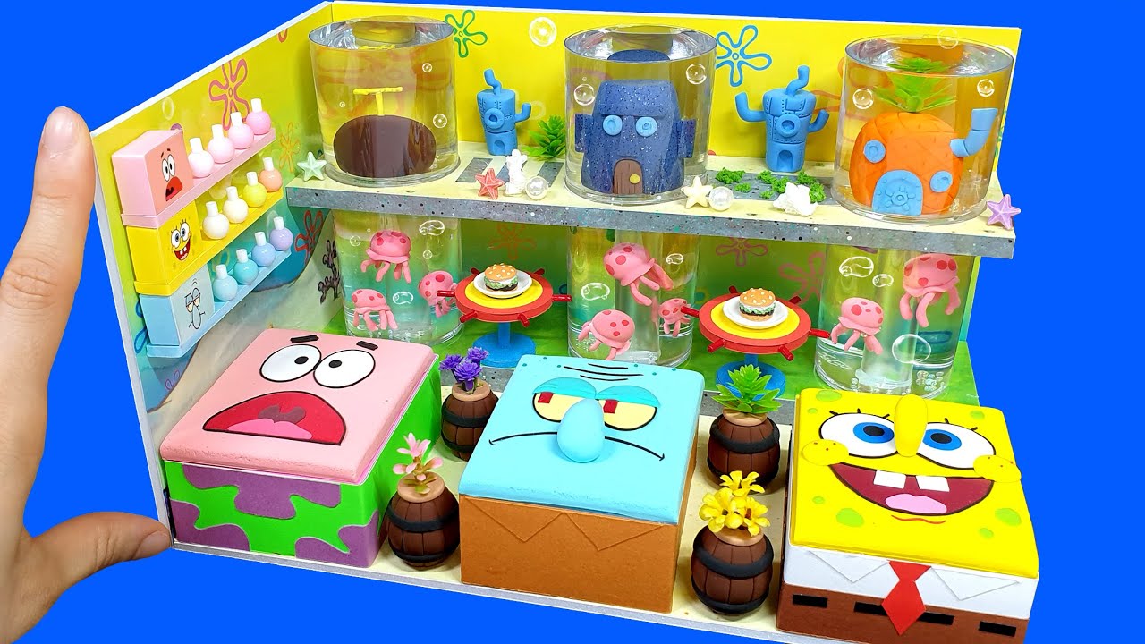 DIY Miniature Spongebob & friends Aquarium Board House # - Build Amazing Jellyfish Cylinder Aquarium