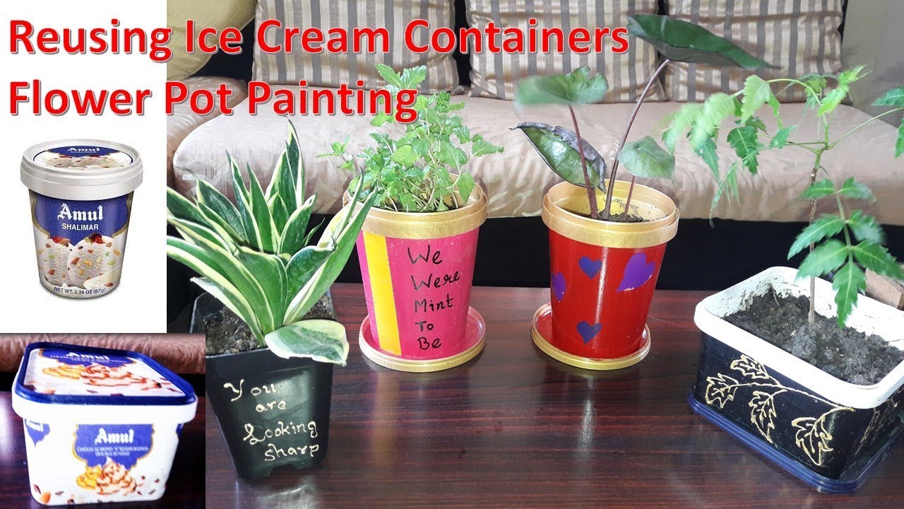Reusing Ice Cream Containers || Flower Pot Painting