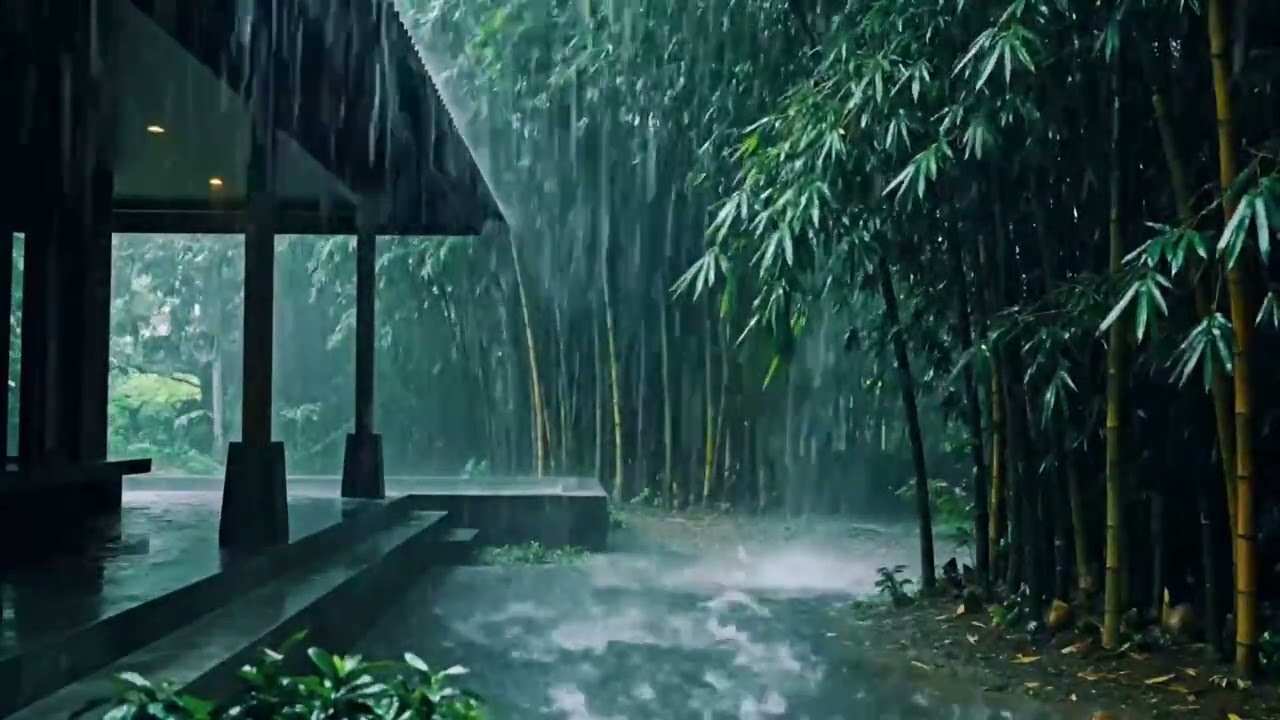 Cinematic Heavy Rain ASMR by the Terrace, Green Bamboo Swaying in a Dreamlike Night Calm 193