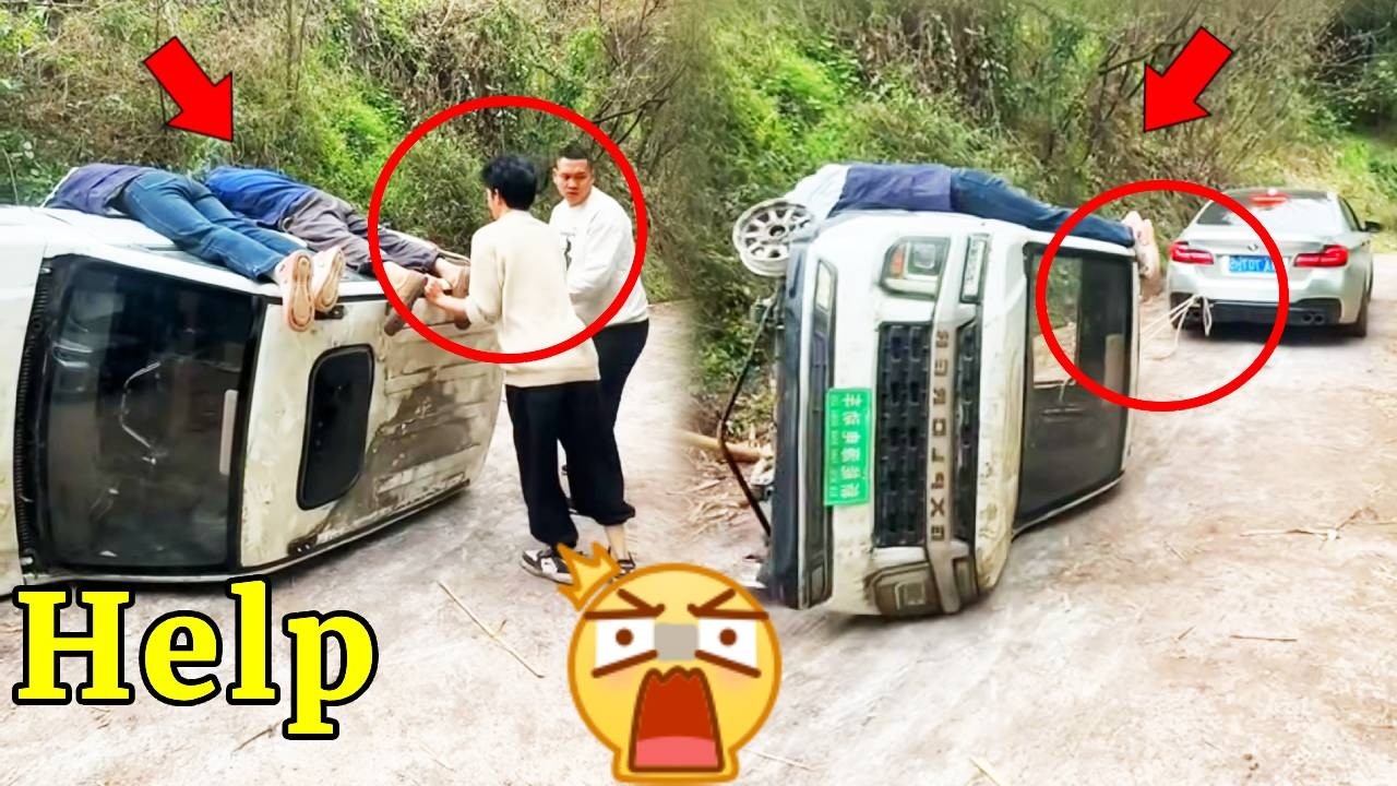 一辆汽车两位司机撞车晕倒，善良司机停车救人，扶起伤者并将翻车的汽车归位，一起拖去医院治疗！#funny #funny #弘扬正能量