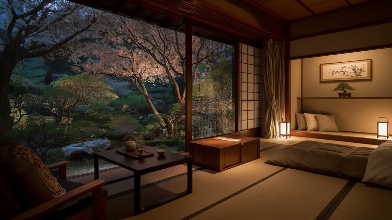 Soft Night Rain in a Luxury Ryokan 🌧️ Cherry Blossom Garden View and Cozy Bed for Peaceful Sleep