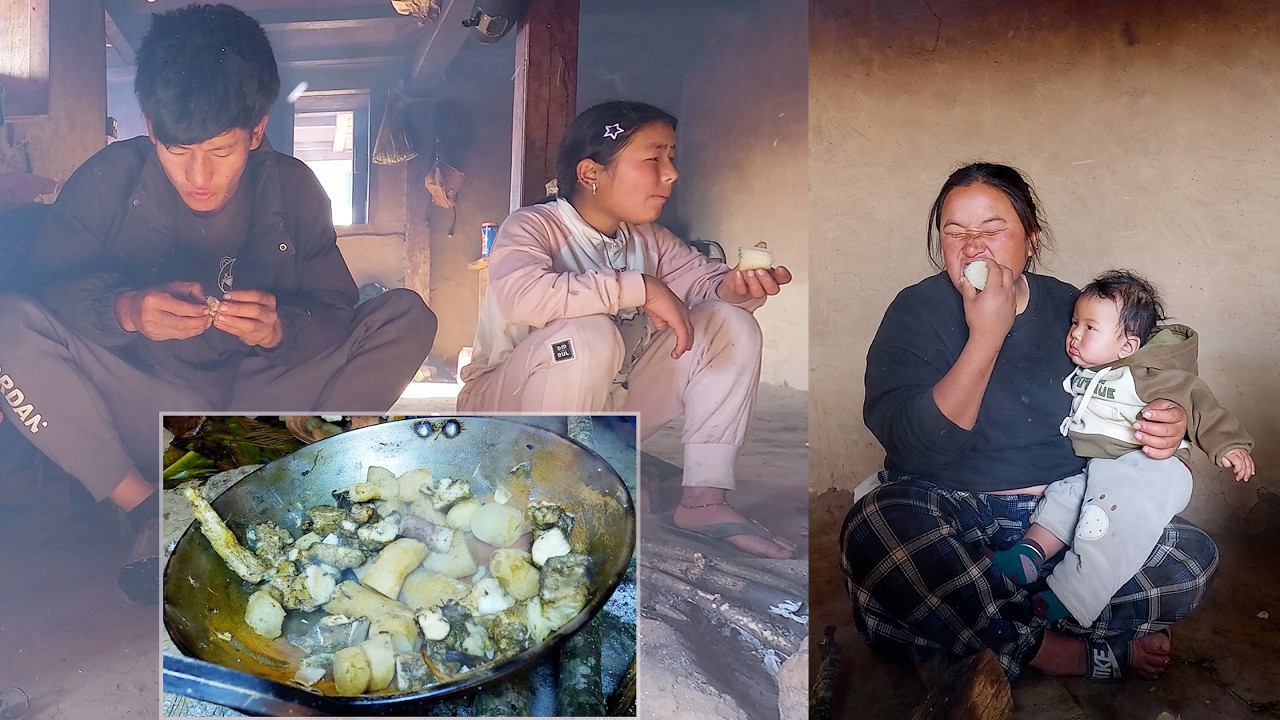 sanjip jina enjoying  wild yam roots with village friends || village family in Nepal ||