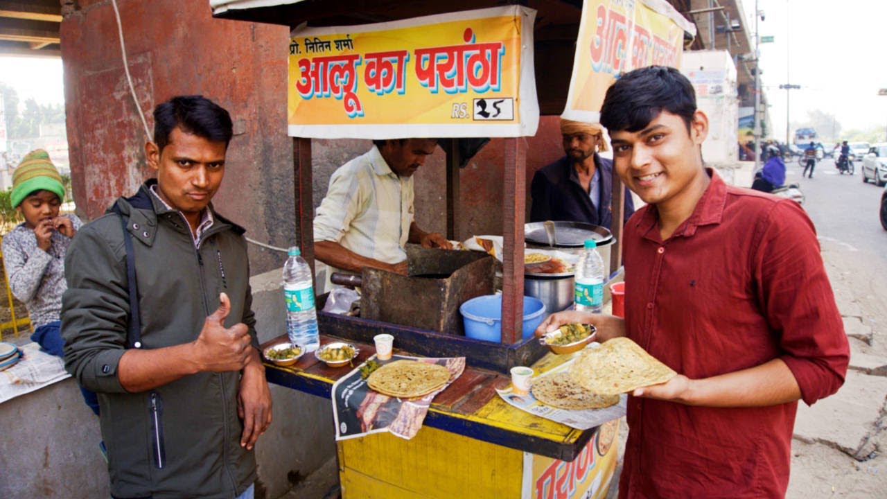 25 Rupees Street Paratha Thali Eating Challenge | Street Aloo Paratha Challenge | Unlimited Food