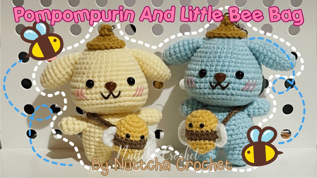 วิธีถักไหมพรม ตุ๊กตา ปอมปอมปุริน สะพายกระเป๋าผึ้งน้อย How to Crochet Pompompurin And Little Bee Bag.