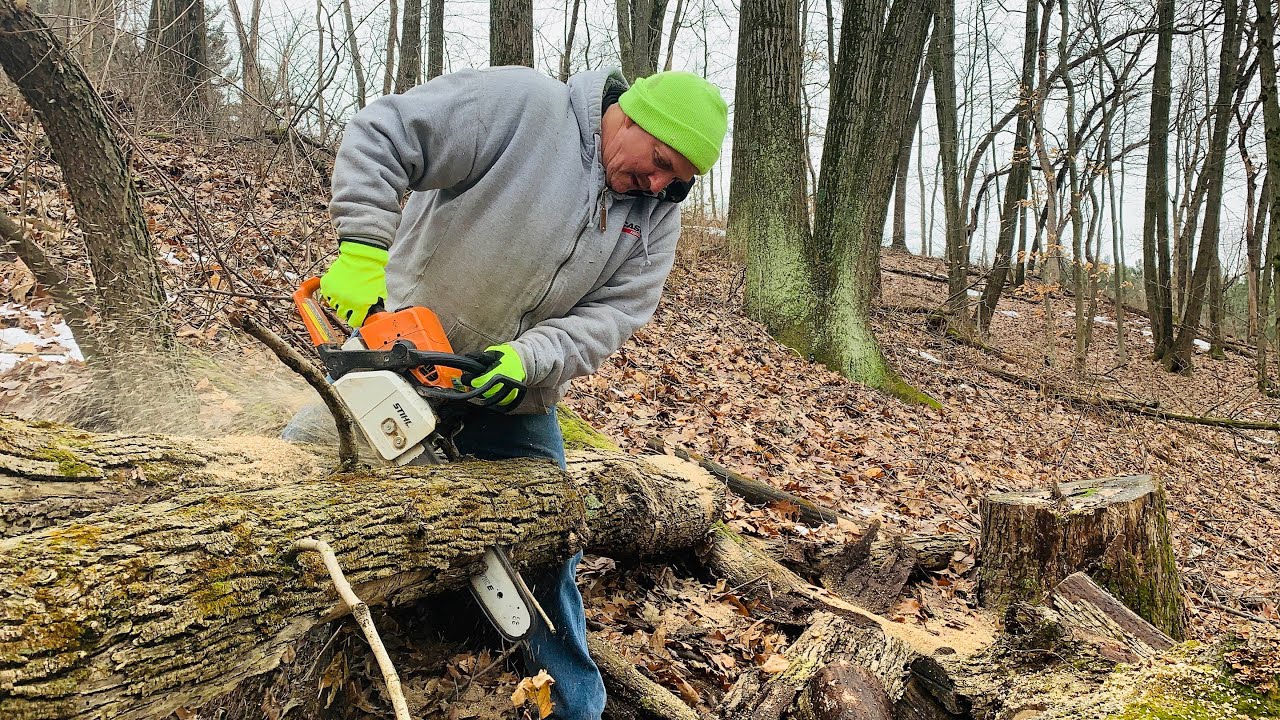 How to safely cut oak & ash firewood blocks while on steep hillside