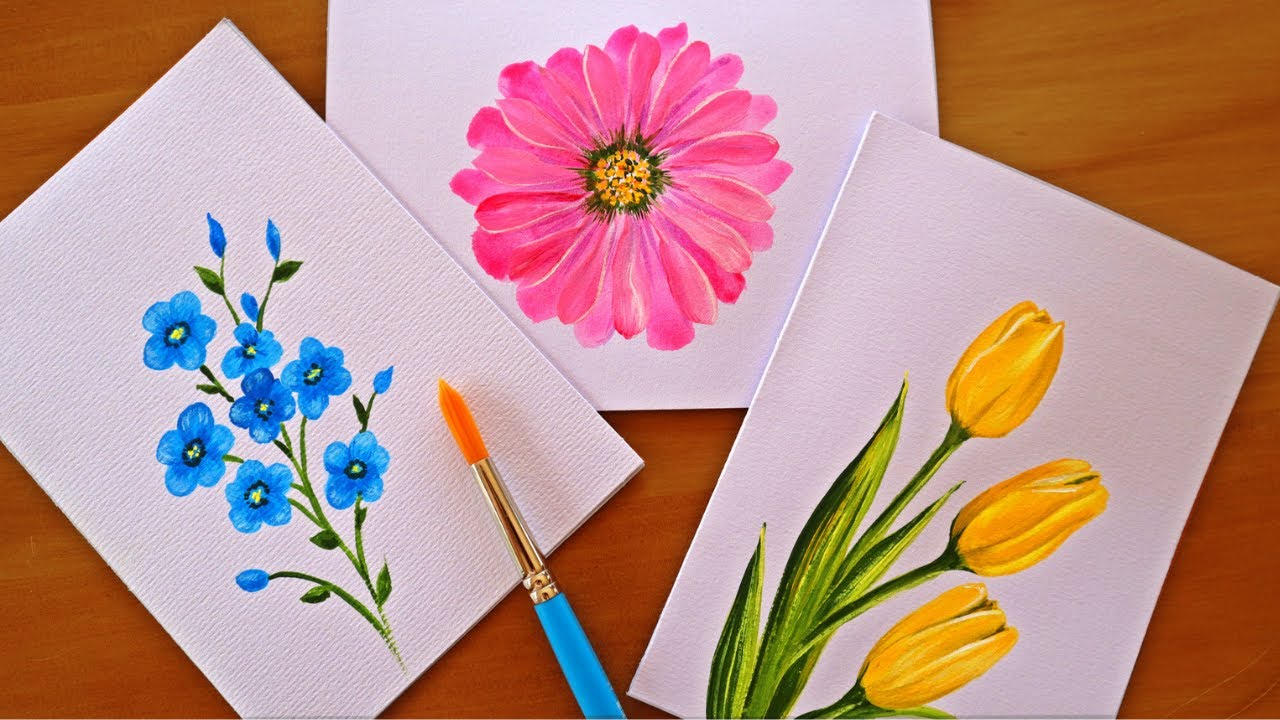 How to Paint 3 Pretty Spring Flower Cards🌷Spring Flower Painting for Beginners