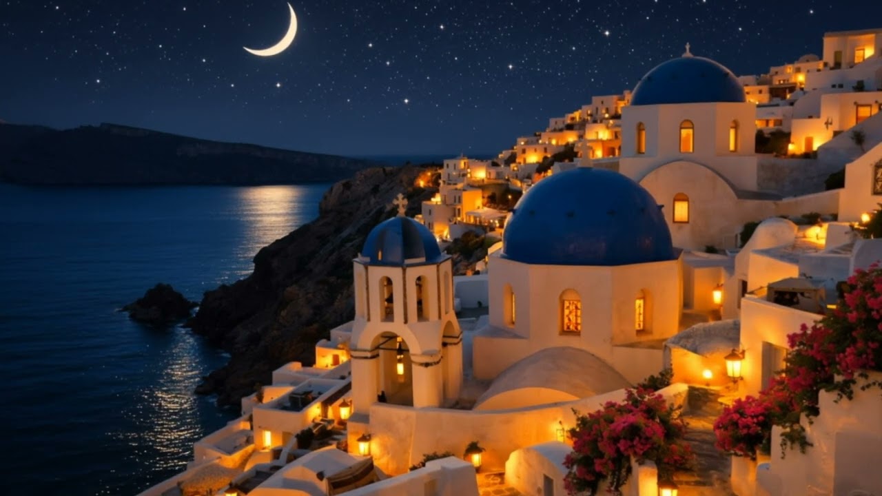 Santorini Night Ambience 🇬🇷 Moonlit Greek Village & Calm Sea for Sleep
