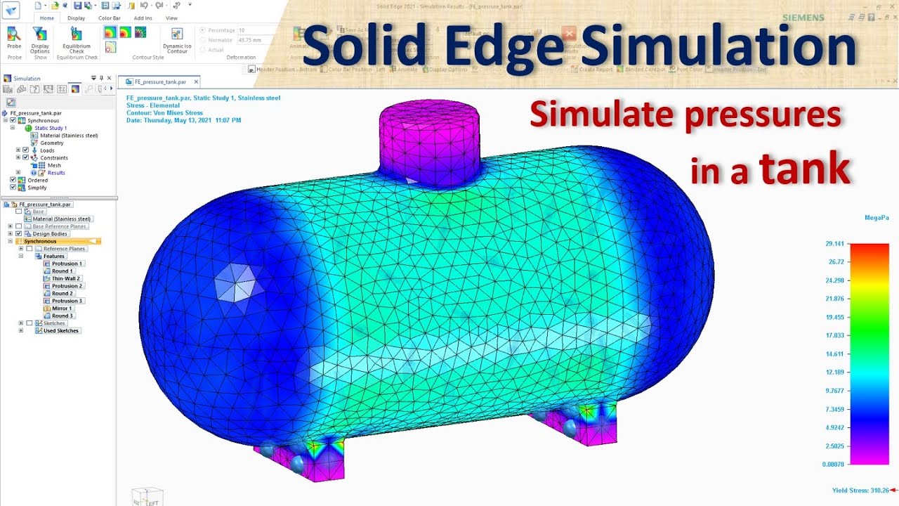 Solid Edge Simulation (FEA) Tutorials #3 | Linear Static Analysis | Simulate Pressures in a Tank