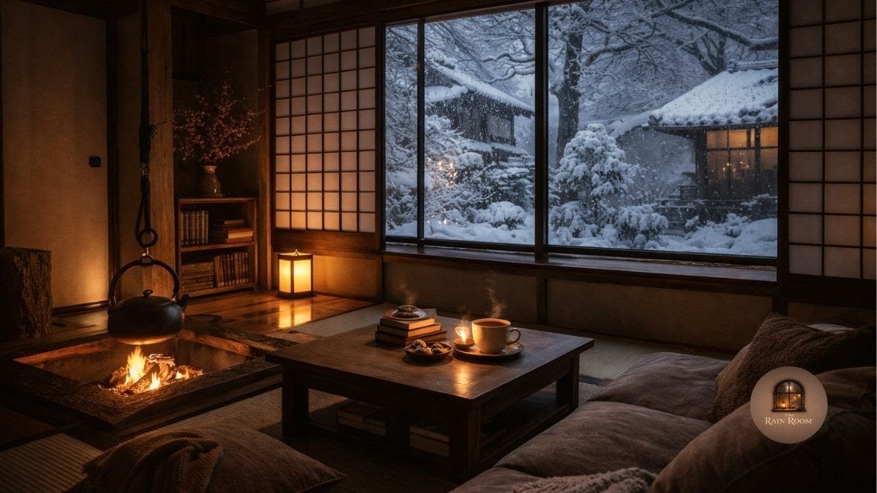 ❄️ Cozy Japanese-Style Winter Room 🔥 Fireplace Sounds & Calm Ambient Music (2 Hours)