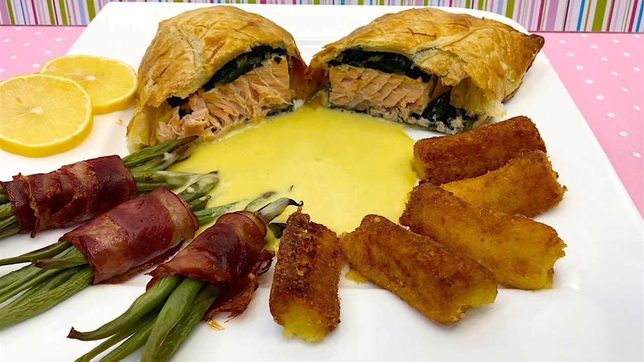 Best and easiet recipe for Salmon en Croûte with Croquettes and bacon wrapped beans