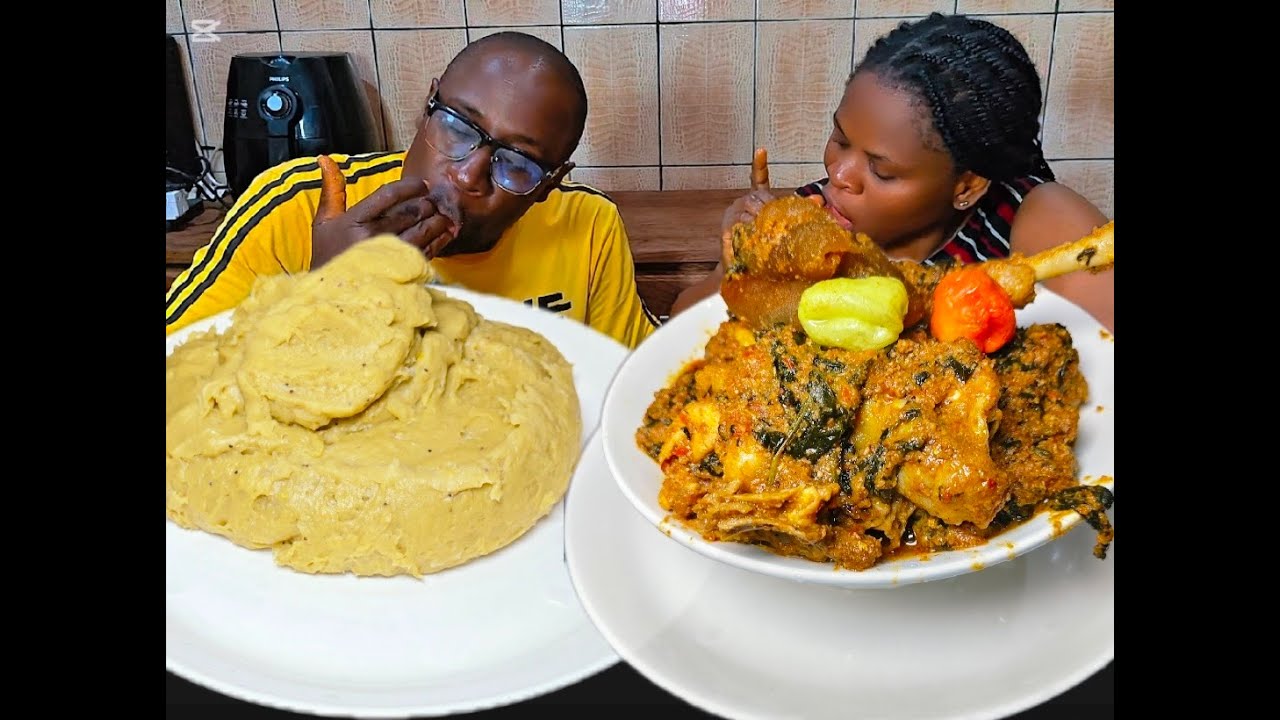 Asmr Mukbang | Cook  And Eat With Us mouthwatering Peanut soup and Unripe Plantain Fufu