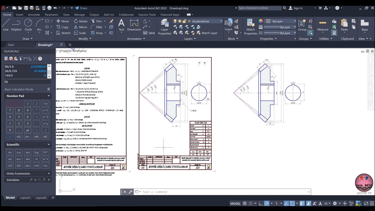 KONİK DİŞLİ ÇARK ÖRNEK TEKNİK RESİM (Bevel Gear Wheel Sample Technical Drawing)