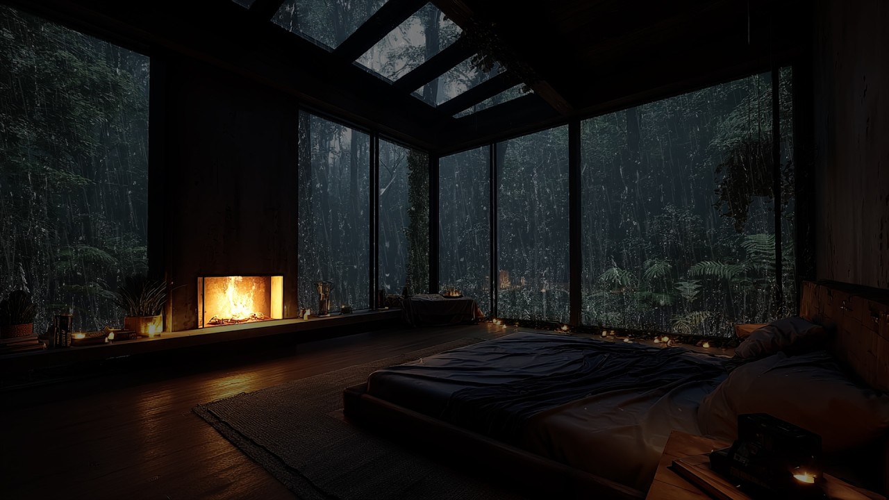 Night Rain with Fireplace Glow 🌧️ A Warm Bedroom Ambience for Healing Sleep