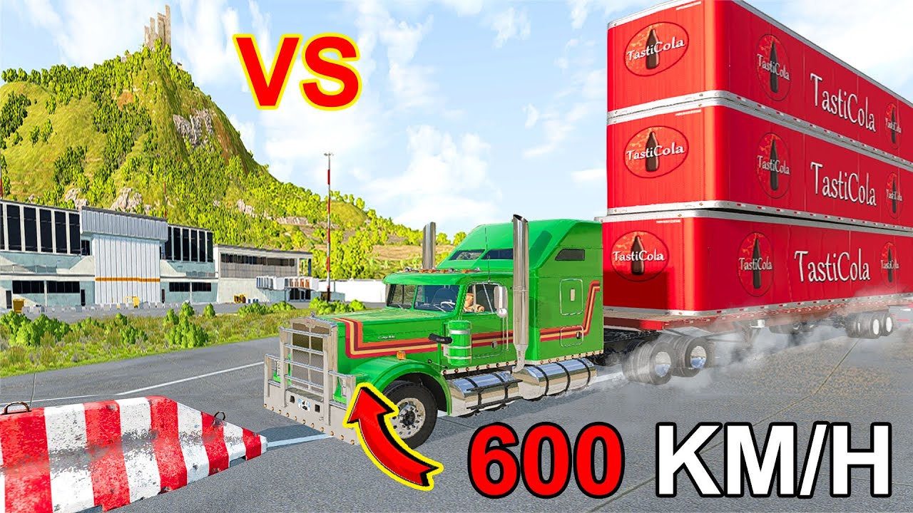 Truck Carrying 3 Dry Van Trailer (TastiCola) VS Concrete Barrier Speed 600km/h | BeamNG Drive