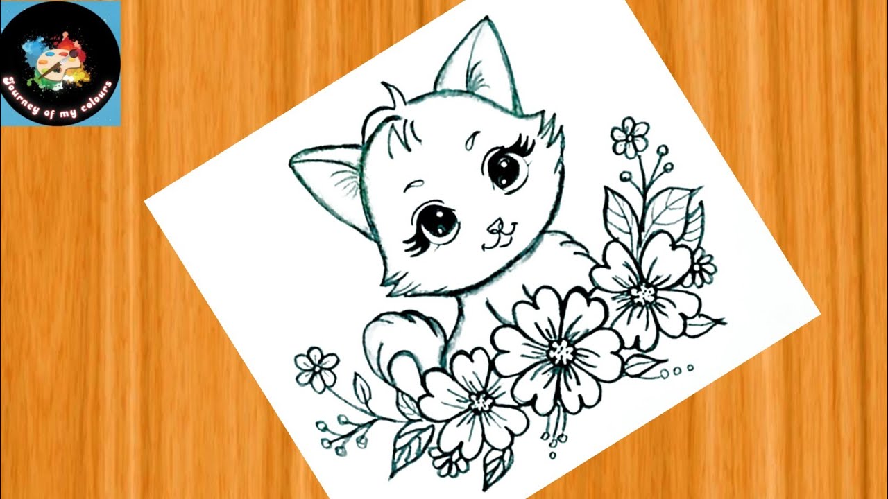 Cute Cat Drawing with Flowers || Pencil Drawing || Drawing Tutorial .