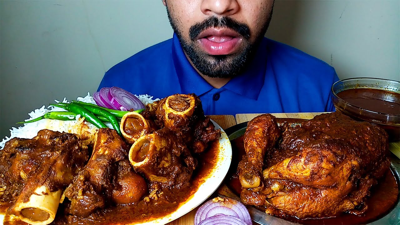 Spicy Mutton Bone Spicy full Chicken Curry With Rice Eating Show#Hungrypiran