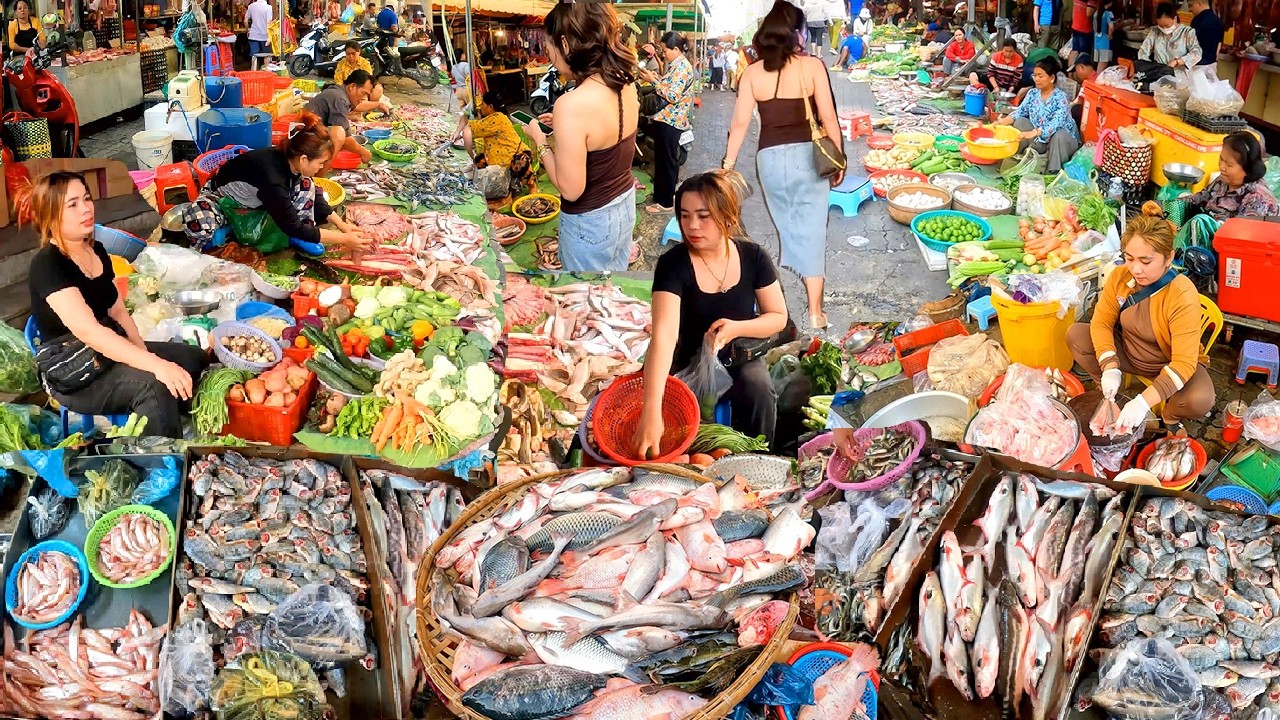 Cambodia Mixed Market Food. Daily Food, Fish, Vegetables, Meat, Fruits, Boeung Trabek Market