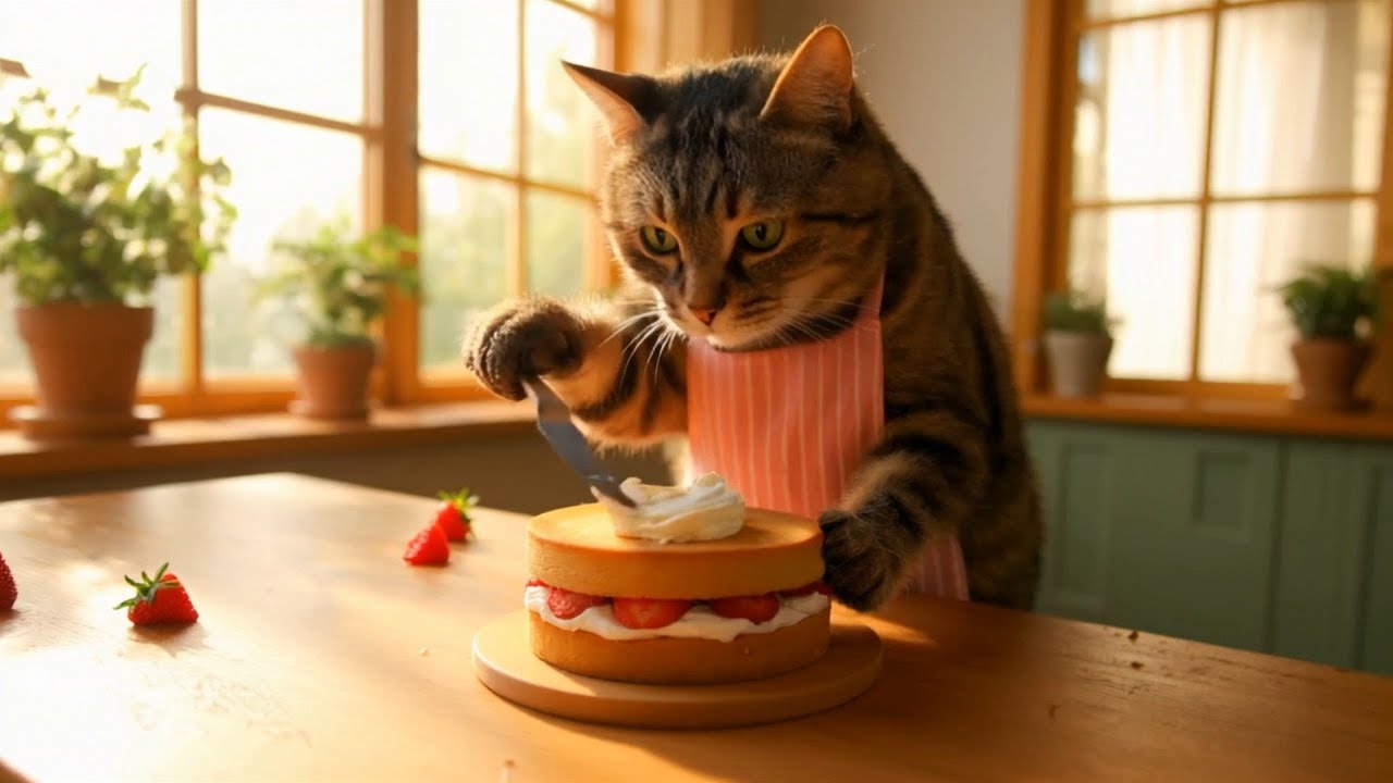 【AI Cat】キジトラ猫アンバーのショートケーキ作り！【料理】