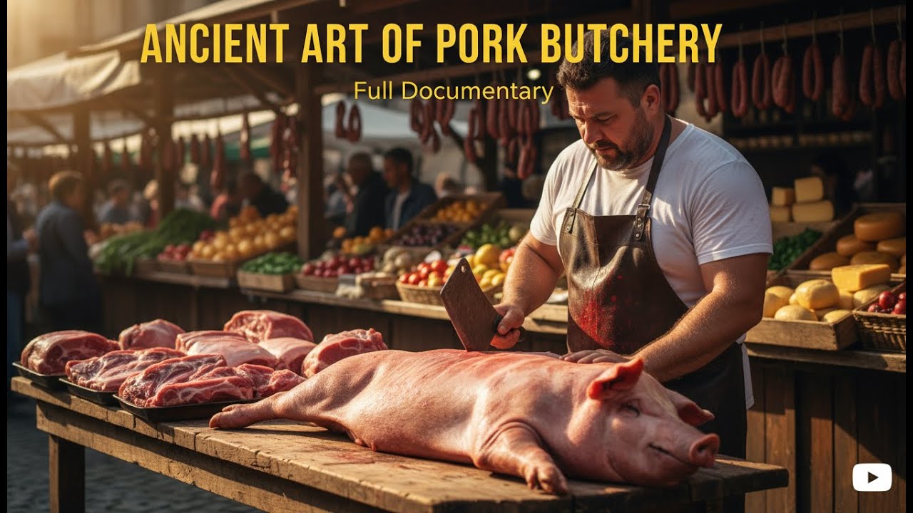 Real Butchers Cutting Pork in a Local Food Market