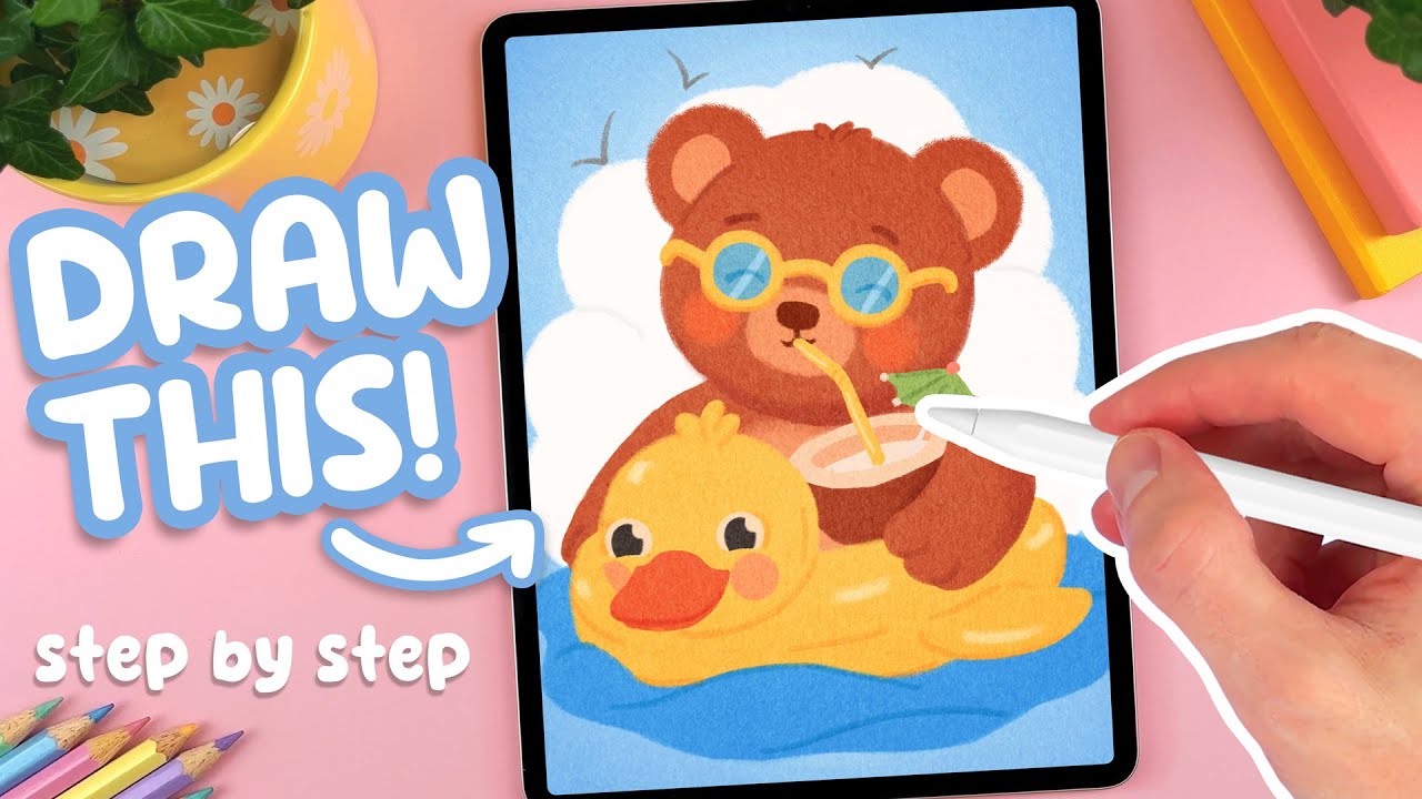 PROCREATE Tutorial - Draw a Cute Summer Bear (FREE Template & Brushes)