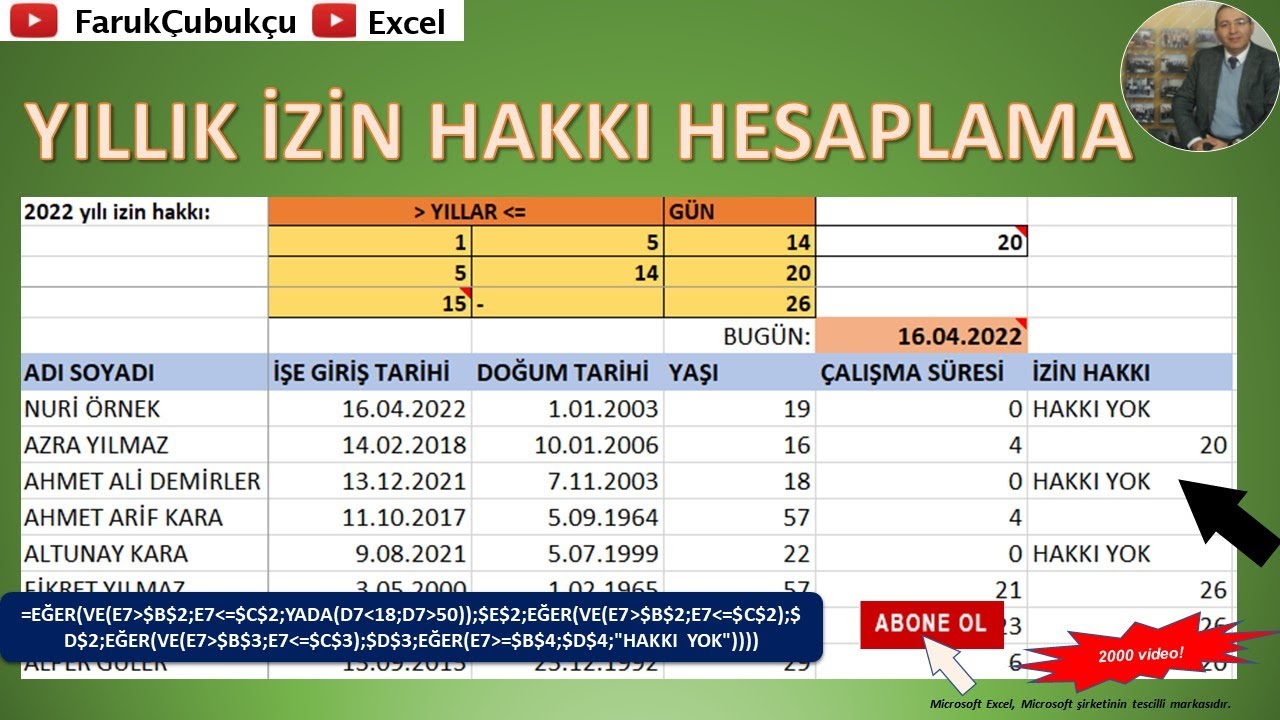 EXCEL YILLIK İZİN HAKKI HESAPLAMA