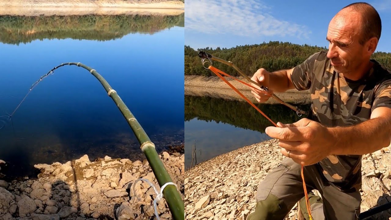 Pescar grandes carpas com bambu e elástico...