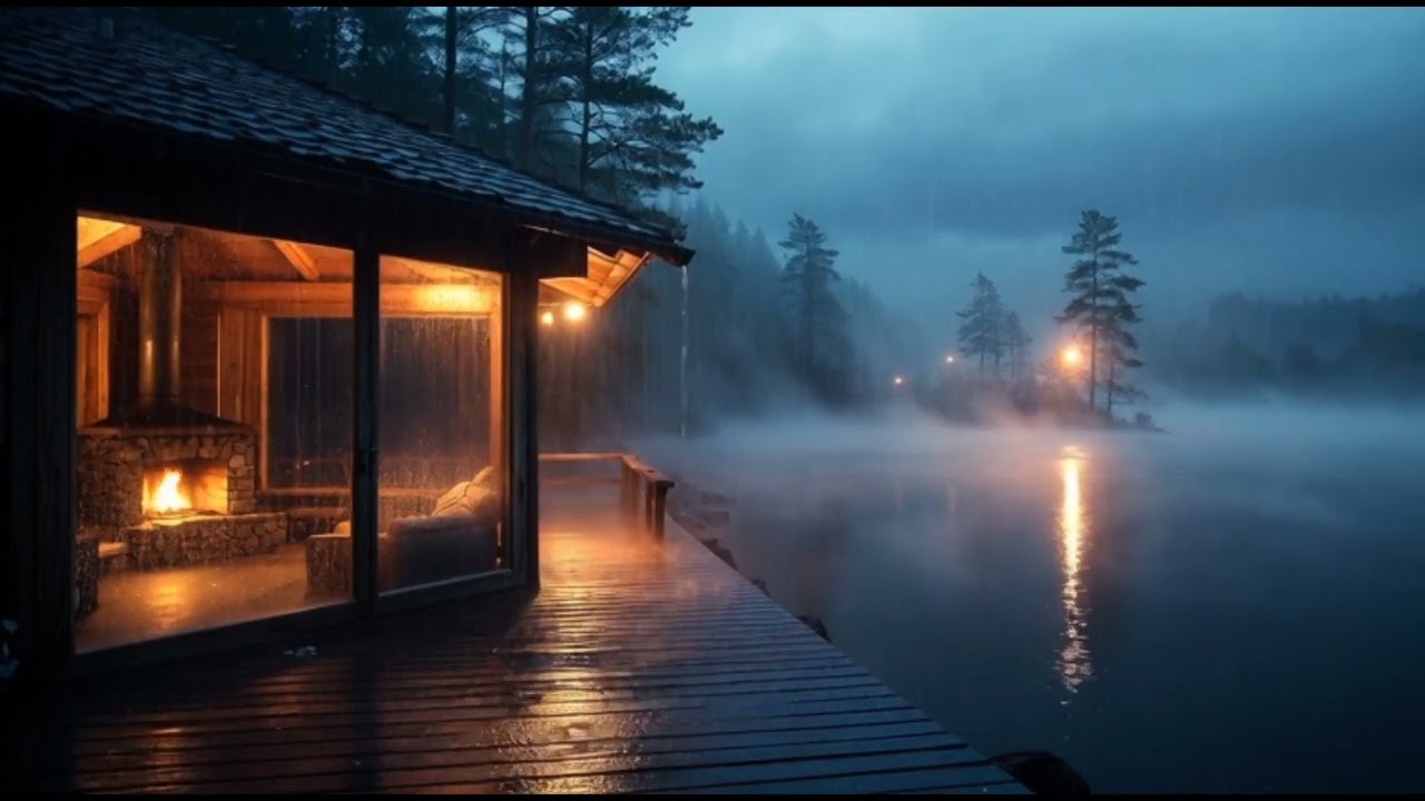 Cozy Rainy Night Cabin by the Lake 🌧️ Fireplace &  Thunder