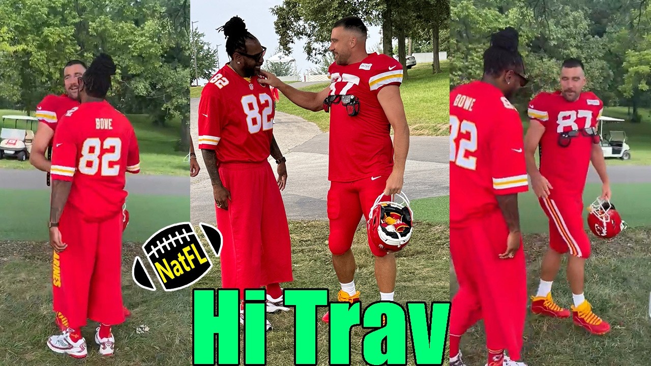 Трэвис Келси радостно встретился и пообщался с Дуэйном Боу перед тренировкой.