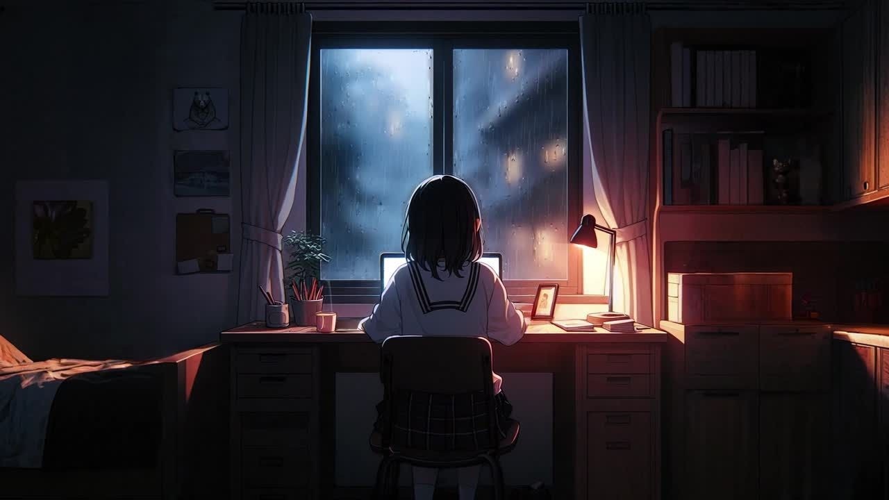 Ambiente acogedor en la habitación con suaves sonidos de lluvia para dormir, estudiar y relajarse