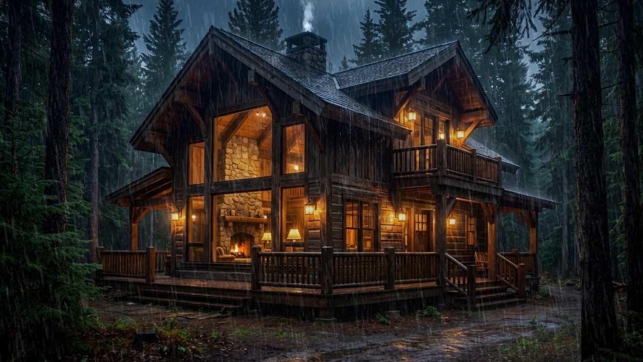 Thunderstorm at a Cozy Cabin | Rain & Fireplace Sounds for Relaxation