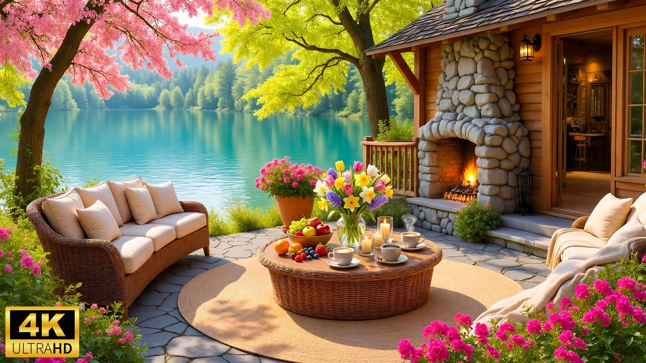 Cozy Spring Porch Ambience 🌿 Smooth Piano with Birdsong & Crackling Fireplace for Calm & Focus