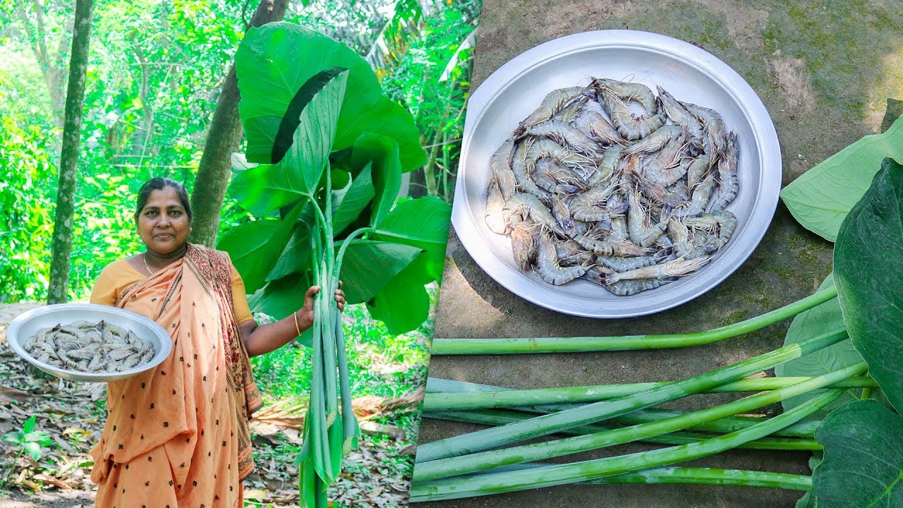 Prawn & Arum Spinach Village Cooking Recipe by Village Food Life