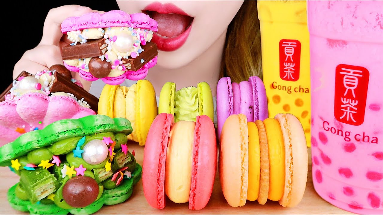 ASMR GIANT MACARON, BUBBLE TEA 조개롱, 뚱카롱, 공차 먹방 EATING SOUNDS MUKBANG 咀嚼音