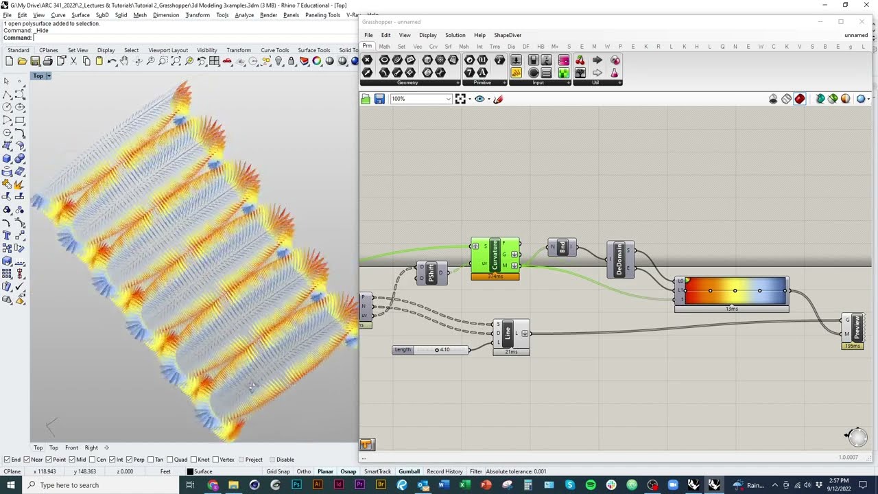 Modeling and Coloring Normal Vectors on a 3D Surface in Grasshopper