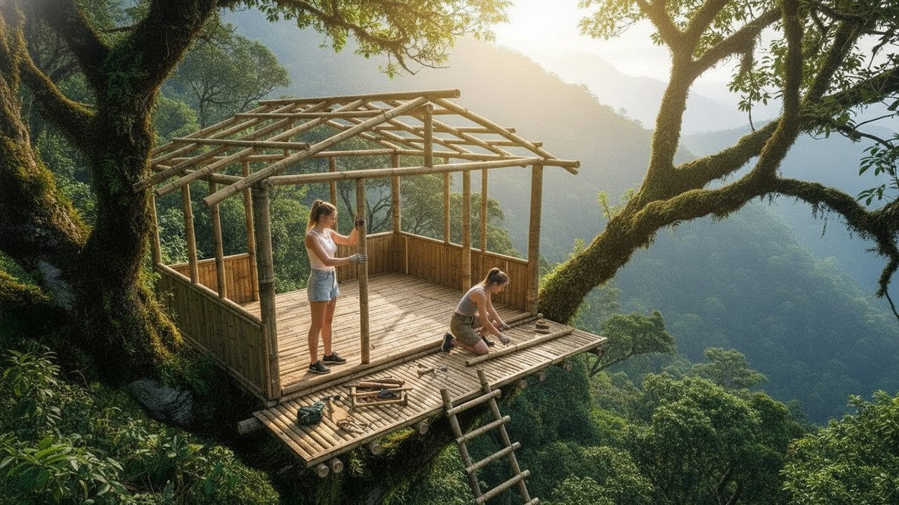 Survival from Scratch Two Sisters Build Treehouse in the Jungle