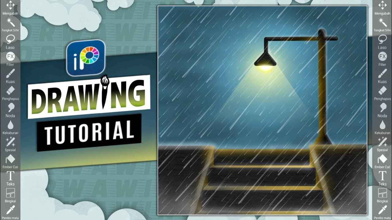 Ibis Paint X Tutorial Menggambar Pemandangan Hujan Malam Hari | How To Draw Rain and Street Lights