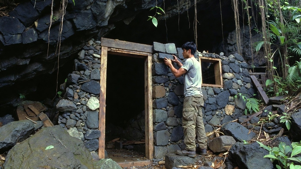 Building a Secret and Safe Stone House Beneath the Cliff - Solo Bushcraft