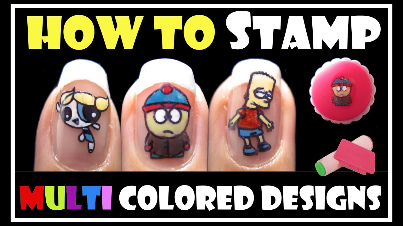 HOW TO STAMP MULTI COLORED DESIGNS | KONAD STAMPING NAIL ART TUTORIAL CARTOON EASY
