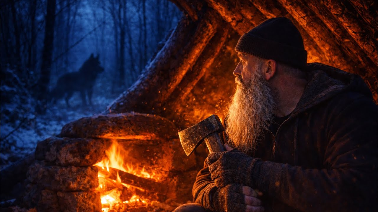 Night in My Forest Shelter | Stone Stove & Fire Cooking